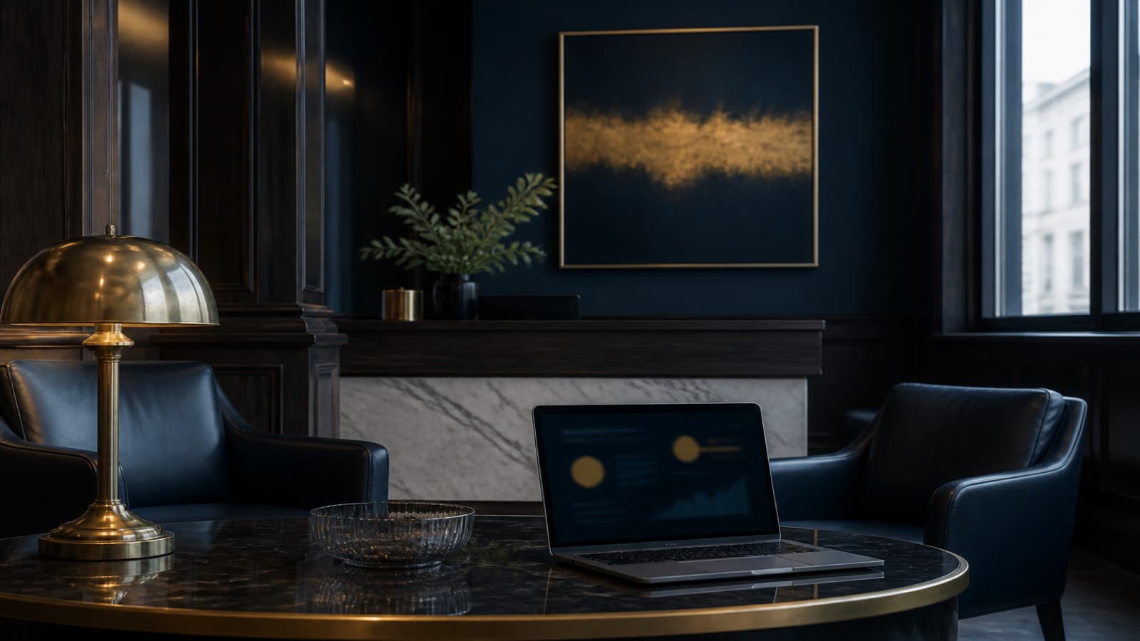 A quiet professional-services reception set up for consultations