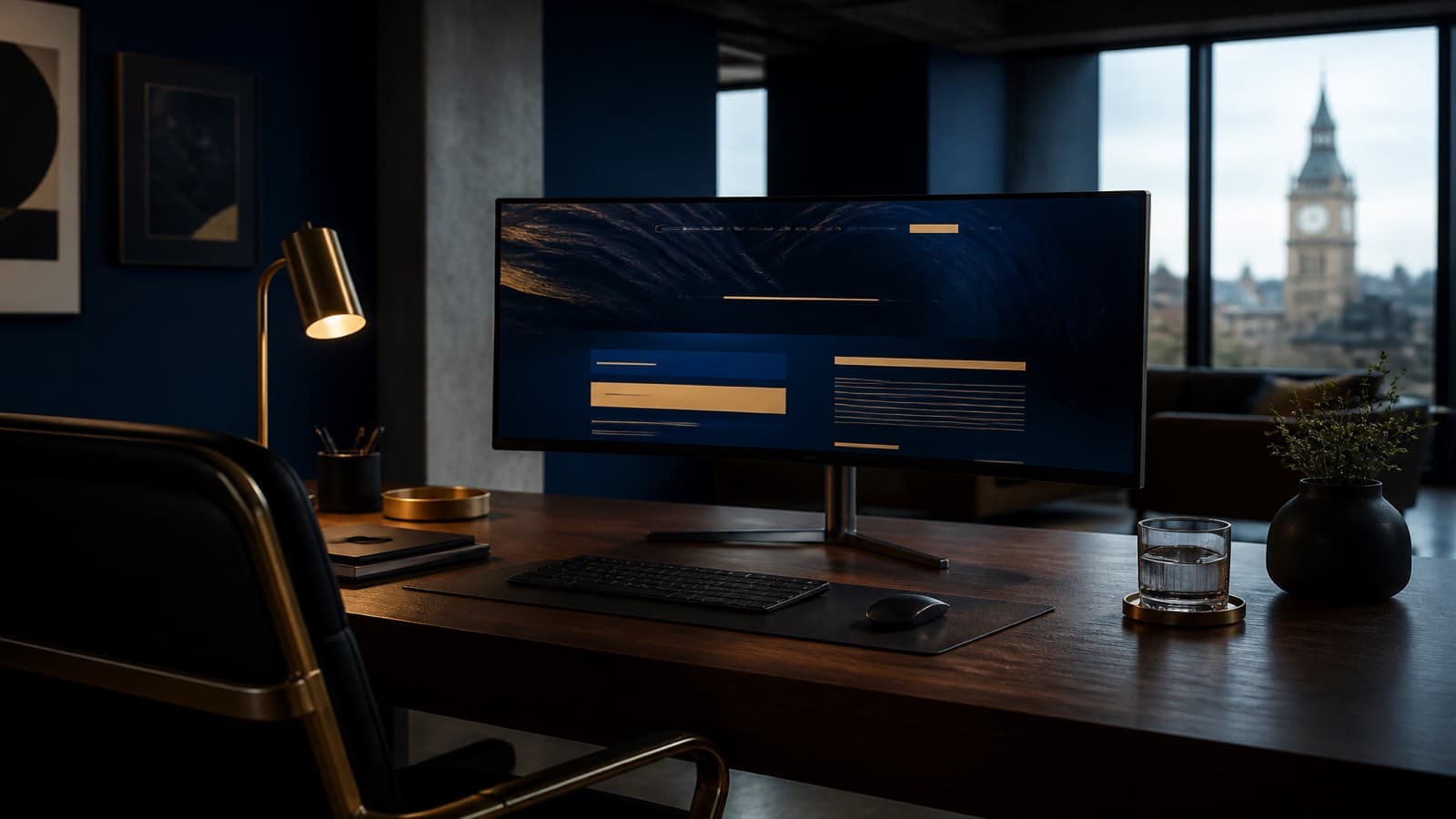 A dark, gold-lit design studio with a custom website on screen